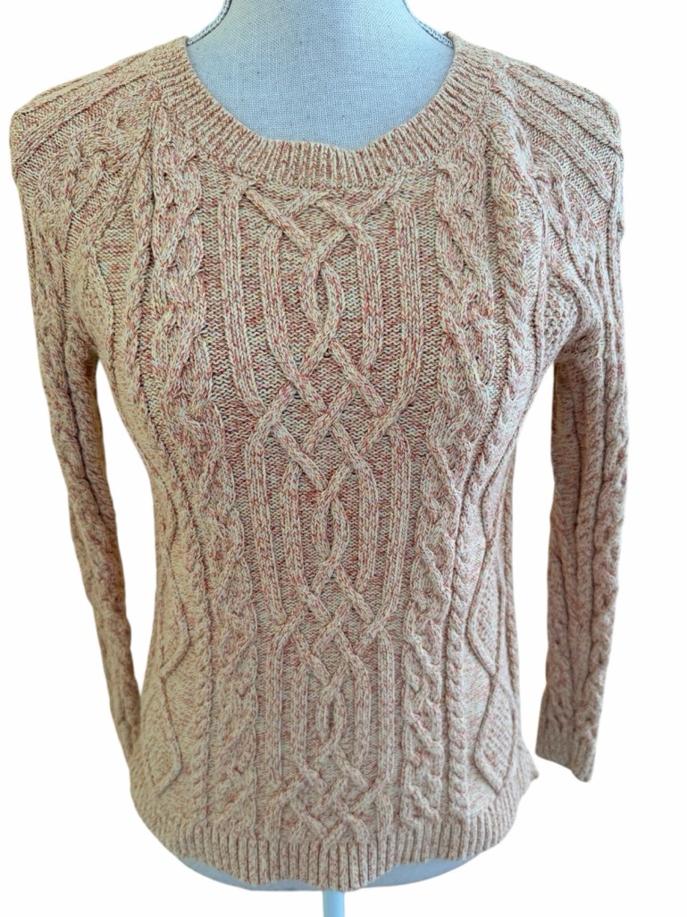 Talbots Cable Knit Cream/Coral/Yellow Heather Cotton Crewneck Sweater P